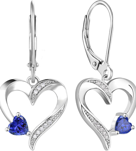 Heart Earrings Sterling Silver Heart Dangle Drop Earrings Sapphire/Emerald/Amethyst/Aquamarine Leverback Jewelry for Women