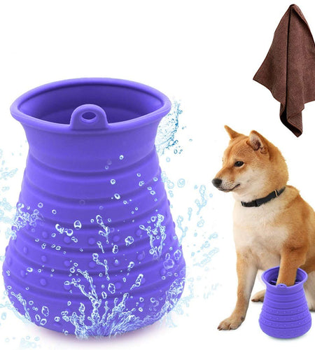 Dog Paw Cleaner Cup with Towel Pet Foot Washer Protable Dogs Cleaning Brush for Puppy Cats Massage Grooming Dirty Claws (Purple)