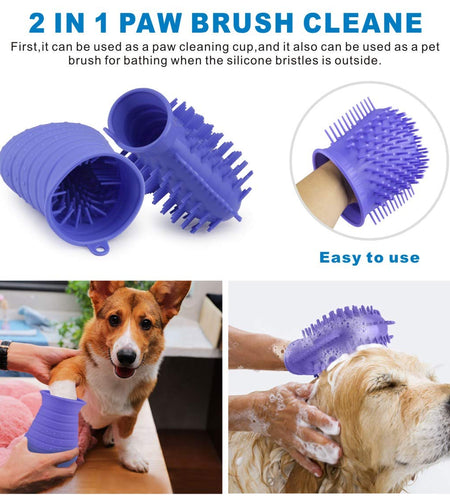 Dog Paw Cleaner Cup with Towel Pet Foot Washer Protable Dogs Cleaning Brush for Puppy Cats Massage Grooming Dirty Claws (Purple)